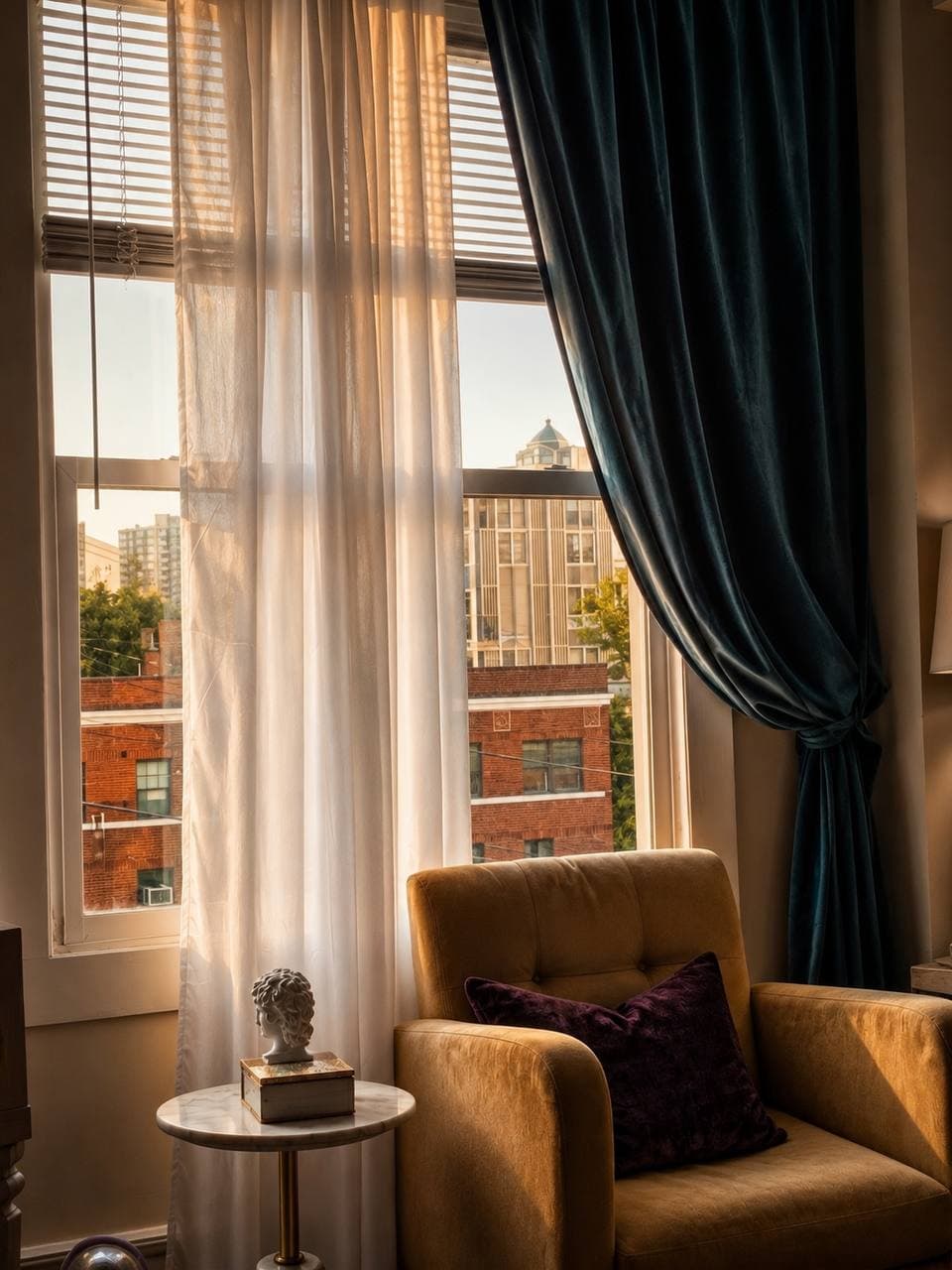 Sunlit reading nook with a mustard armchair, purple pillow, and city view through the window
