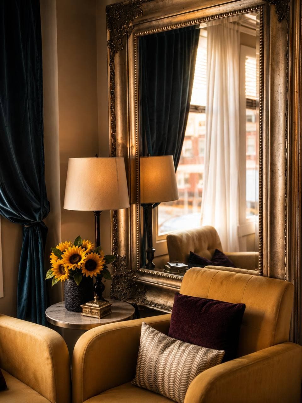 Mustard armchair beside a marble side table with sunflowers and a gilded mirror