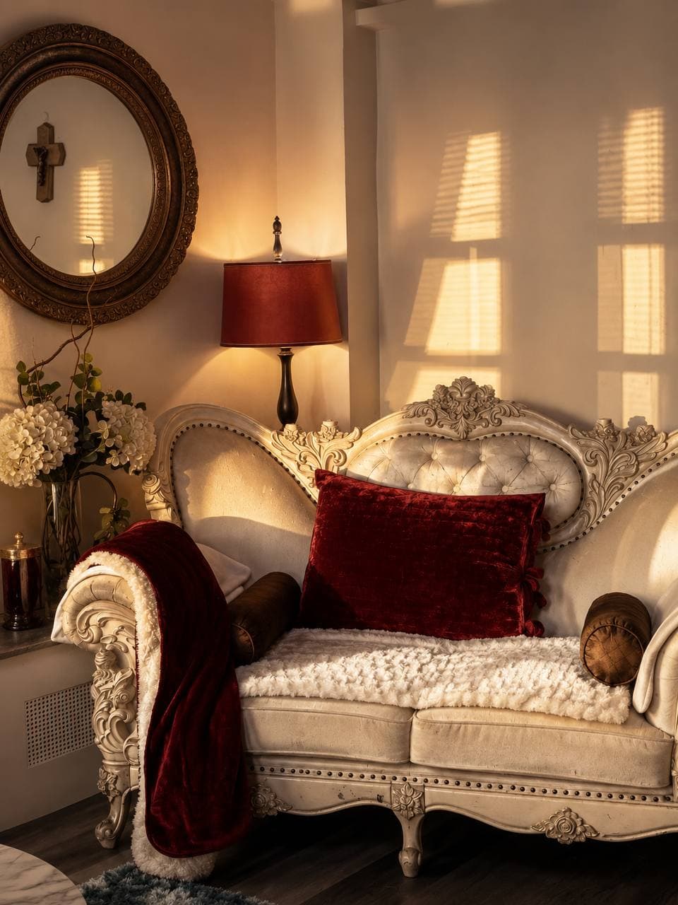 Ornate living room settee with red accents, mirror, and golden afternoon light
